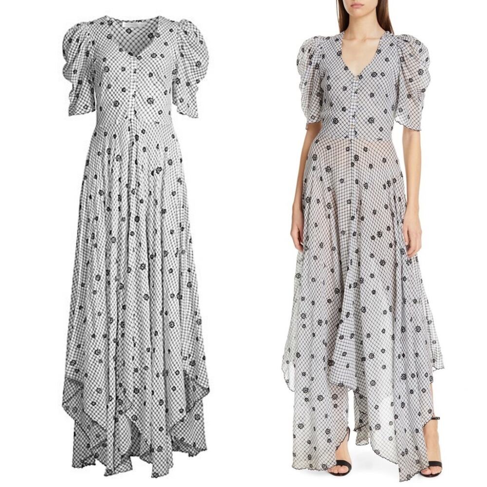 LoveShackFancy Coralie Puff Sleeve V Neck Midi Dress Charcoal Floral Plaid US 0 - Picture 4 of 12